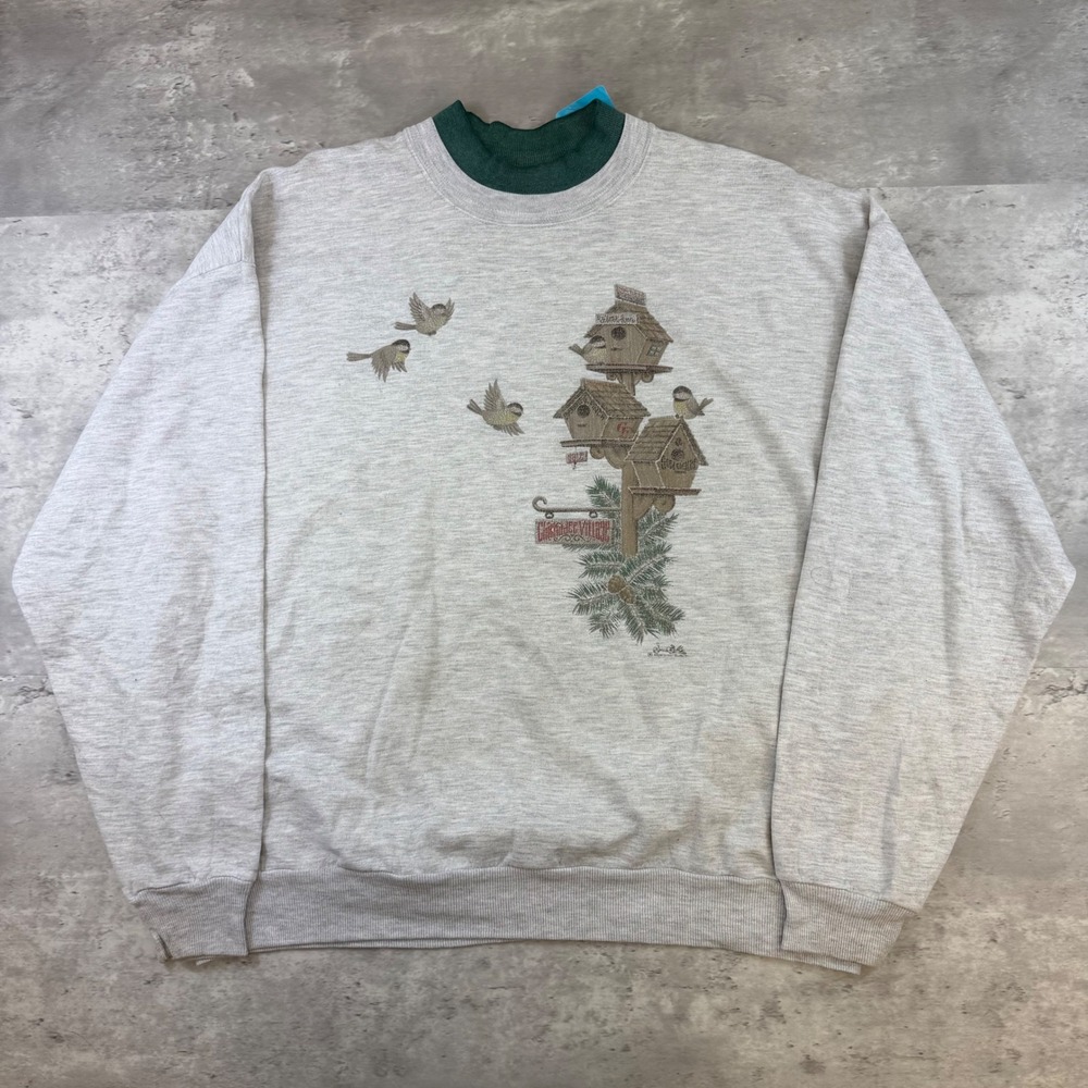 Morning Sun Vintage Birdhouse Chickadee Graphic Sweatshirt Heather Grey Large